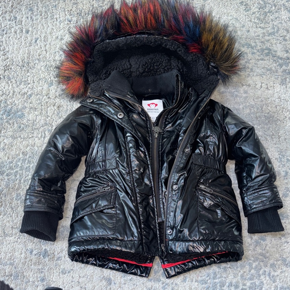 Appaman Shiny Black Warm Puffer Coat w/ Rainbow Fur Trim 2T
